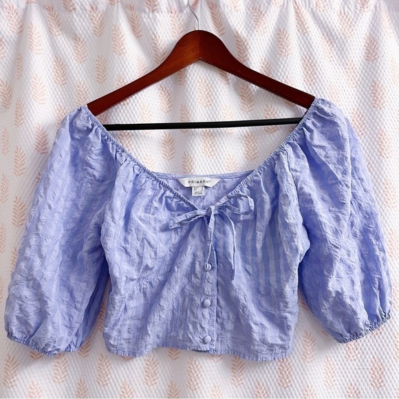 Primark Cropped Blouse Womens Size 2 Lilac Puff-Sleeve Off-Shoulder Soft Casual - Picture 7 of 11